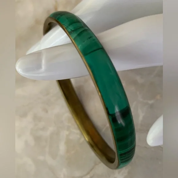 Green Malachite Inlay Brass Bangle Bracelet - Picture 2 of 8